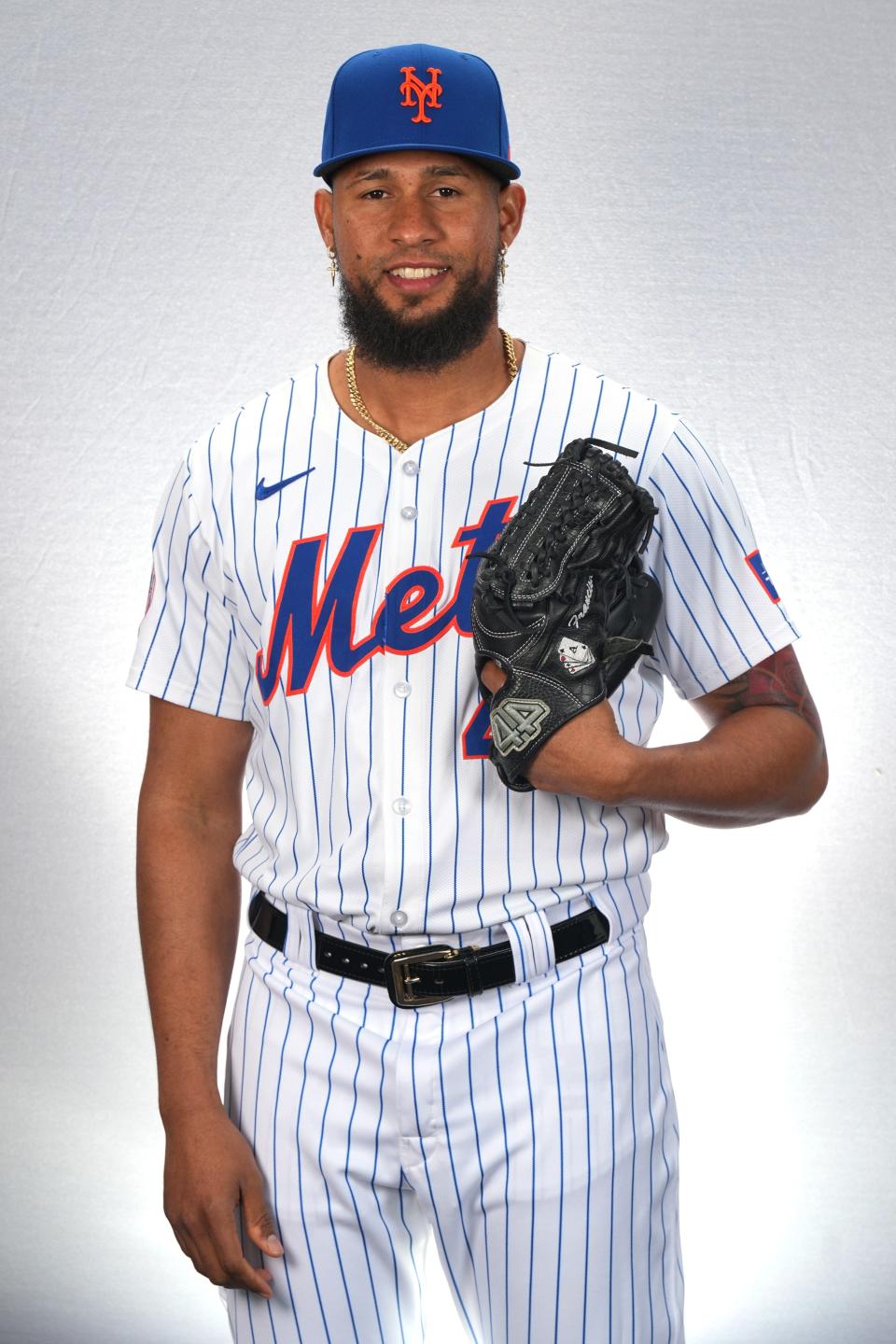 New York Mets pitcher Yohan Ramirez (46)poses for a photo duing media day on Feb. 22, 2024, in Port St. Lucie, Fla.