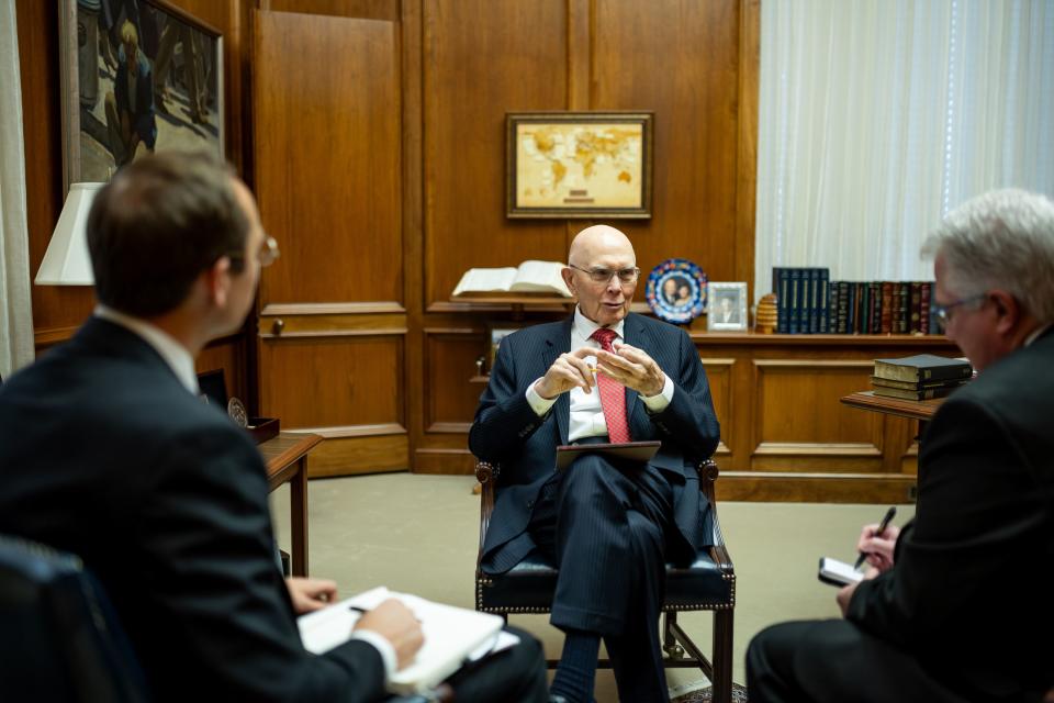 President Dallin H. Oaks speaks with Deseret News Editor Hal Boyd, left, and reporter Tad Walch, right, on Sept. 8, 2023.