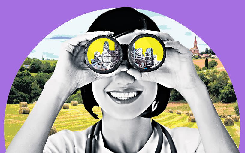 A woman looking at London through binoculars (illustration)
