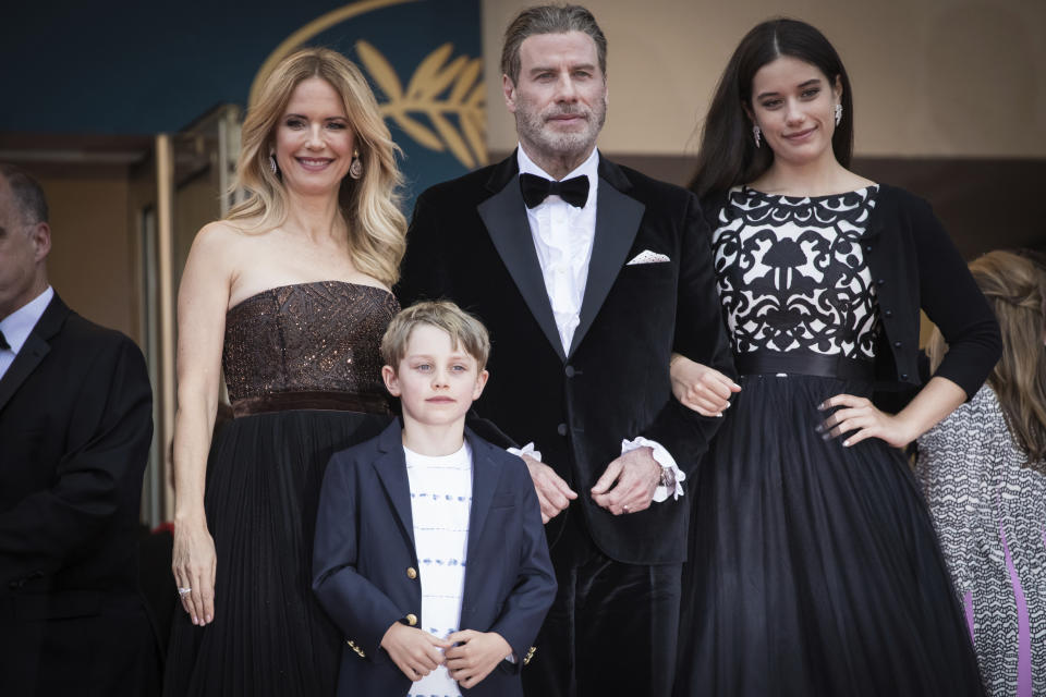 Actors Kelly Preston, center left, and John Travolta, center right, from 'Goti' pose with Benjamin Travolta and Ella Bleu Travolta upon arrival at the premiere of the film 'Solo: A Star Wars Story' at the 71st international film festival, Cannes, southern France, Tuesday, May 15, 2018. (Photo by Vianney Le Caer/Invision/AP)