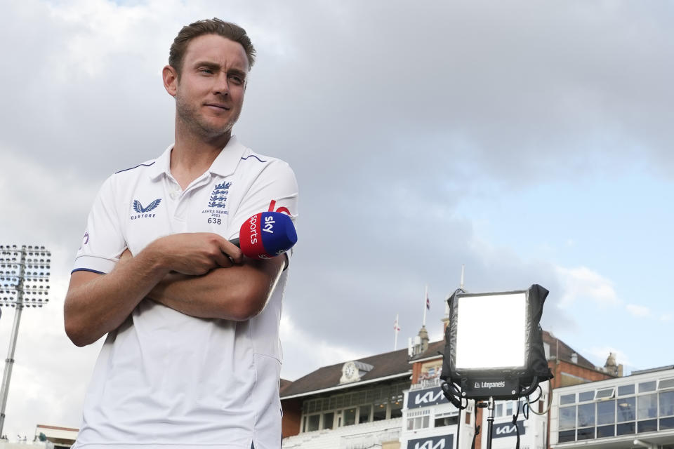 England's bowler Stuart Broad is interviewed after day three of the fifth Ashes Test match between England and Australia, at The Oval cricket ground in London, Saturday, July 29, 2023. Broad has announced he will retire at the end of the Ashes test at The Oval. (AP Photo/Kirsty Wigglesworth)