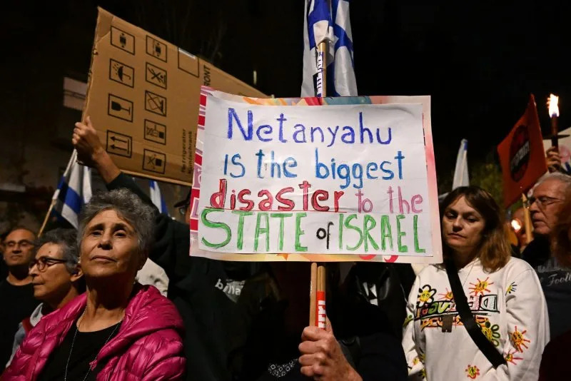 Israelis hold posters and chant "Guilty" at a protest calling for the resignation of Israeli Prime Minister Benjamin Netanyahu outside his residence in Jerusalem on Saturday, November 25, 2023. Demonstrators blame Netanyahu for failing to keep the people of the Gaza border communities secure from the October 7 Hamas massacre. Photo by Debbie Hill/ UPI