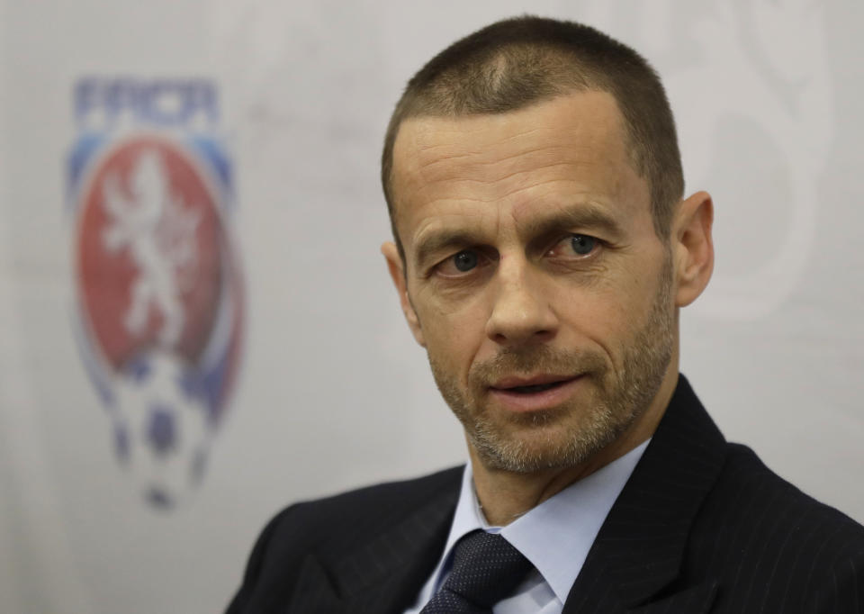 In this Tuesday, March 21, 2017 file photo, UEFA president Aleksander Ceferin addresses the media at a news conference in Prague, Czech Republic. Aleksander Ceferin is set to be re-elected as head of European soccer after no challenger entered the contest for the UEFA presidency. The deadline for candidates ahead of the election in February passed on Wednesday Nov. 7, 2018. (AP Photo/Petr David Josek, File)