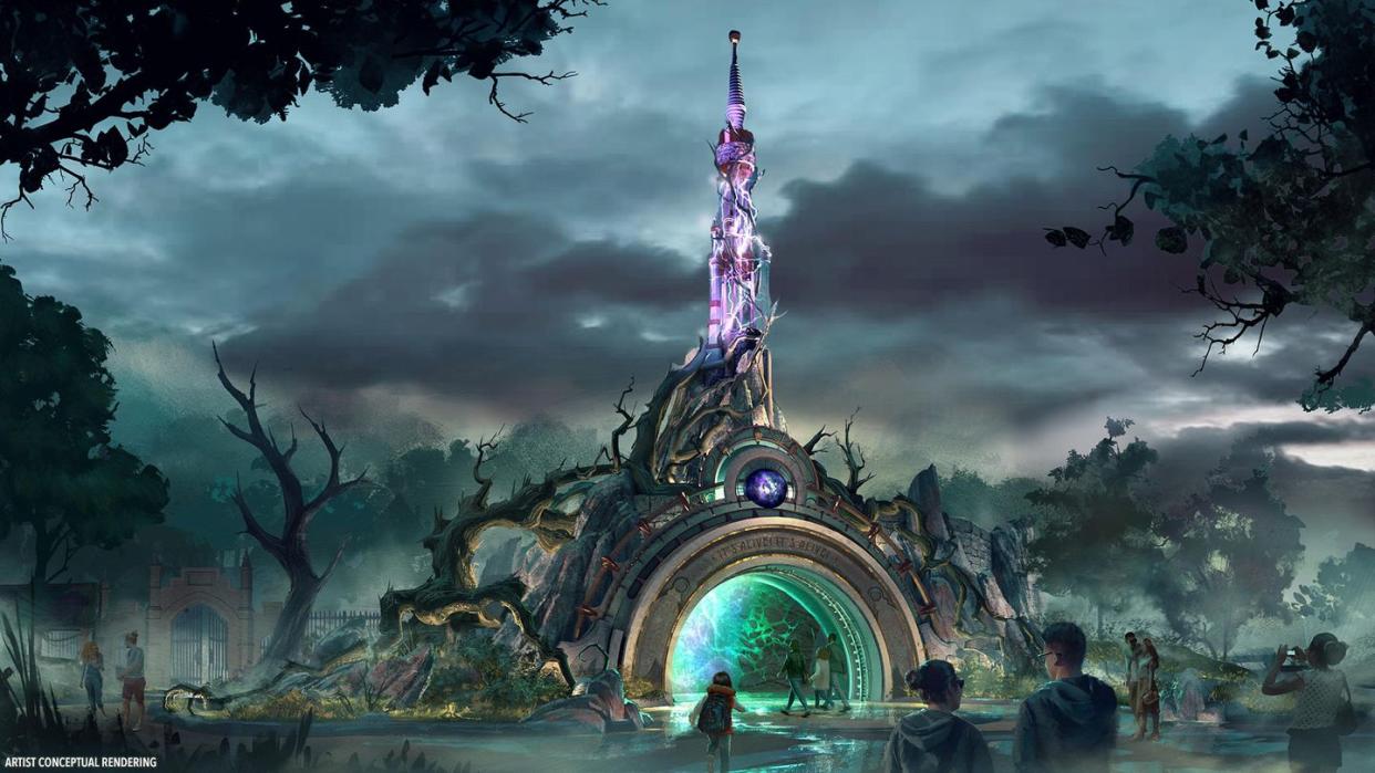an artist's rendering of the portal to dark universe, a land in the upcoming epic universe at the universal orlando resort
