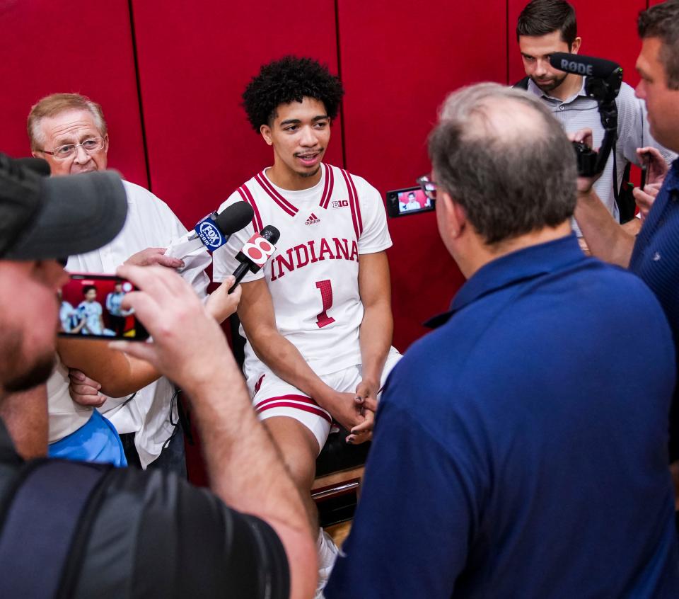 Indiana Hoosiers guard Myles Rice (1) answers a question Wednesday, Sept. 18, 2024, during IU men’s and women’s basketball media day at Simon Skjodt Assembly Hall in Bloomington.