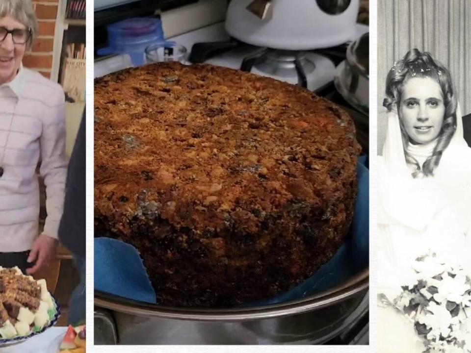 Left — Rochelle Marr with her recently rediscovered wedding cake. Centre — the cake as it looked in January 2024 after Marr found it in her deepfreeze. Right — Marr on her wedding day in 1968. (Submitted by Travis Marr - image credit)