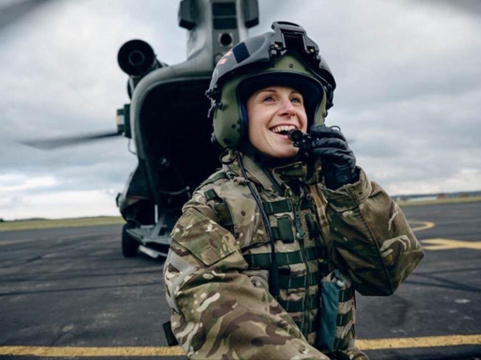 Liz McConaghy was the longest serving female crewman on the Royal Air Force Chinook Fleet spanning a 17 year career flying on the aircraft. (Supplied)
