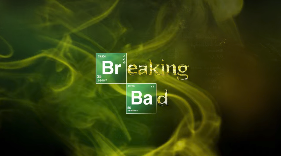 The title card for the series uses elements from the periodic table to spell out part of the words "Breaking Bad," and chemical vapors float by in the background