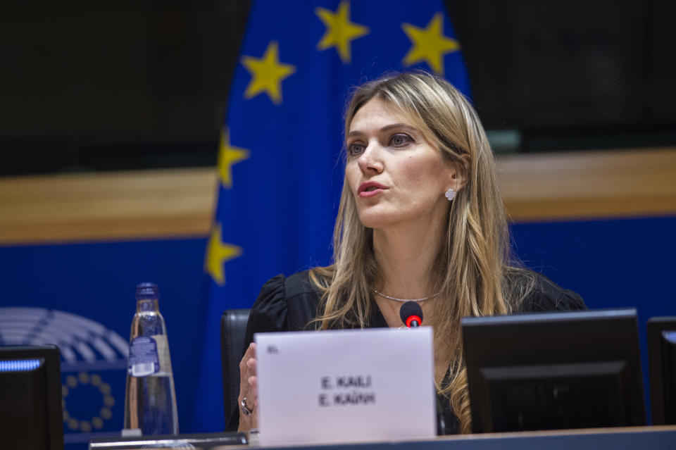 In this photo provided by the European Parliament, Greek politician and European Parliament Vice-President Eva Kaili speaks during the European Book Prize award ceremony in Brussels, Dec. 7, 2022. The European Union's top official said Monday, Dec. 12, 2022 that the allegations of corruption targeting a vice-president of the European Parliament are of “utmost concern