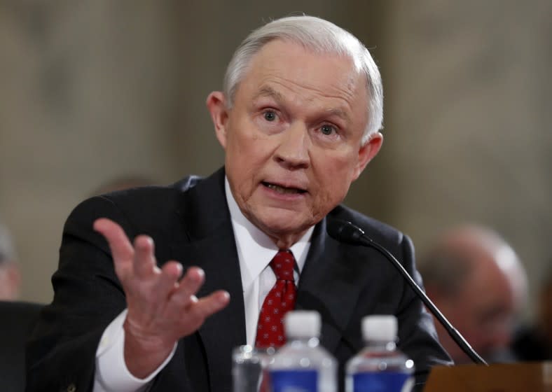 Attorney General-designate, Sen. Jeff Sessions, R-Ala., testifies on Capitol Hill in Washington, Tuesday, Jan. 10, 2017, at his confirmation hearing before the Senate Judiciary Committee. (AP Photo/Alex Brandon)