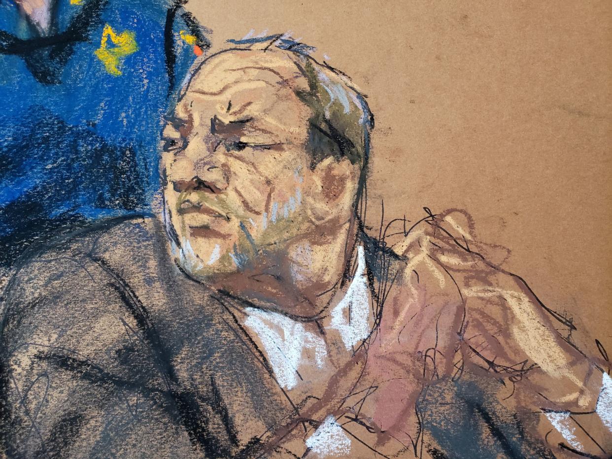 Courtroom artist Jane Rosenberg captured Harvey Weinstein as he listened to a statement from Jessica Mann during his sentencing, shortly before he received 23 years in prison. (Photo: REUTERS/Jane Rosenberg