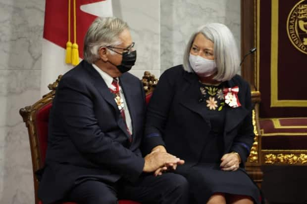 Mary Simon and her husband Whit Fraser attend the installation of Simon as governor general of Canada in Ottawa on Monday, July 26, 2021. ( Paul Chiasson/The Canadian Press - image credit)