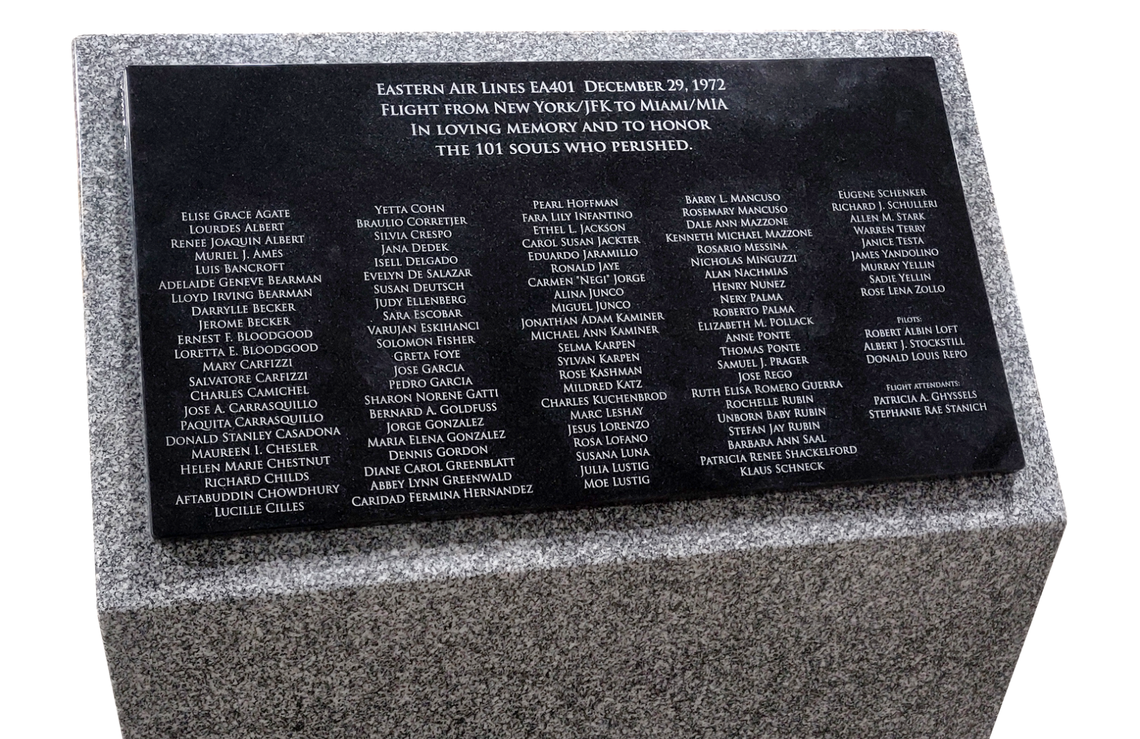 The granite memorial, which will be unveiled in Miami Springs on Dec. 29 for the 50th anniversary of the crash, is engraved with the names of the people who perished.