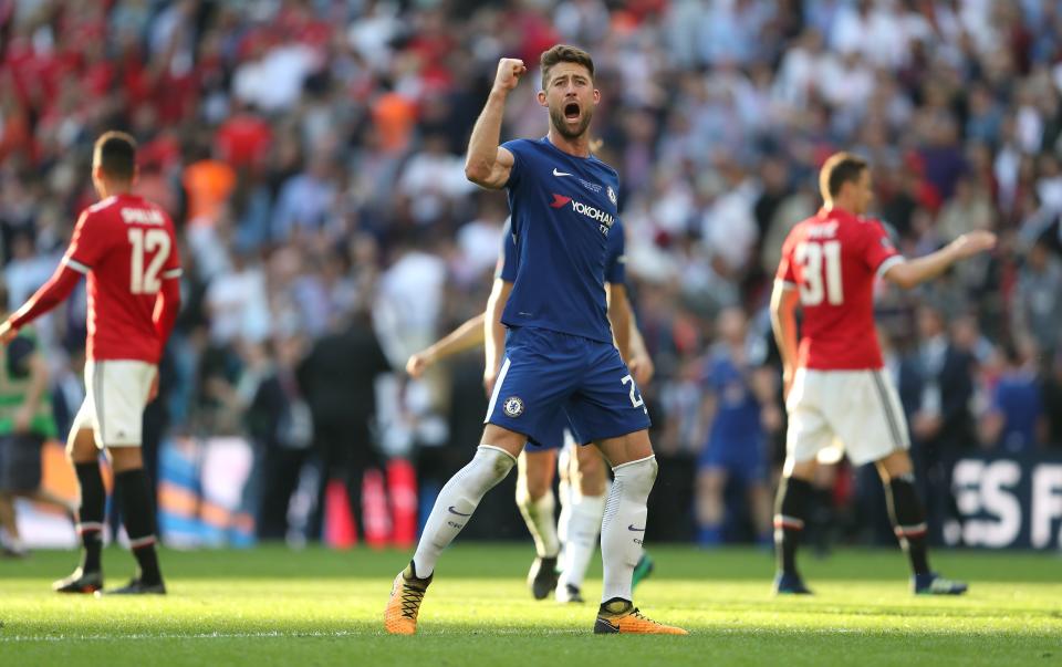 Gary Cahill salutes the Chelsea fans after winning the FA Cup