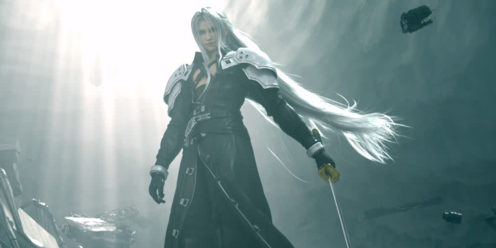 final fantasy vii remake, sephiroth floats with his sword in hand amongst a ruined city