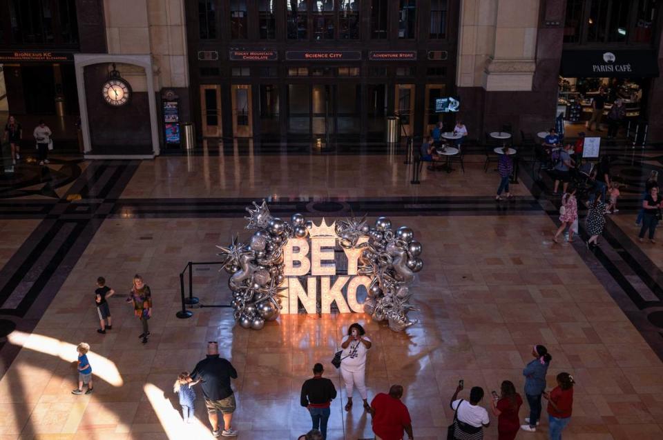 Crowds gather to take photographs in front of a Beyonce themed sign on Friday, Sept. 29, 2023, at Union Station in Kansas City. Visitors to Union Station were greeted by the sign and a soundtrack of Beyoncé’s music.