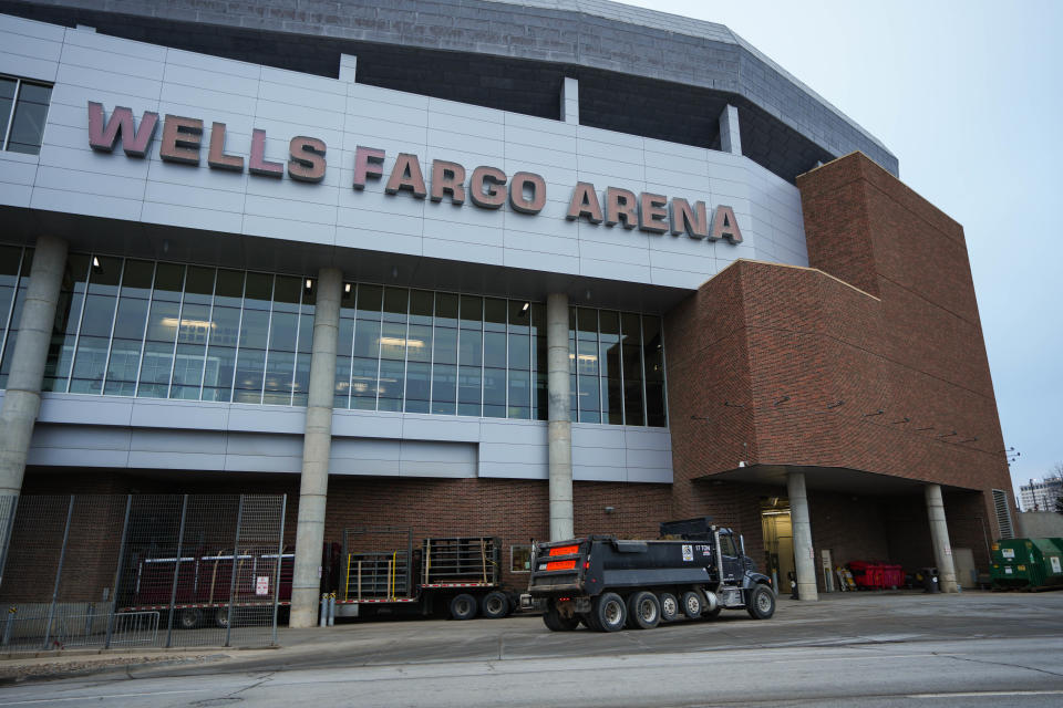 The exterior of Wells Fargo Arena in downtown Des Moines, the home of the Iowa Wolves.