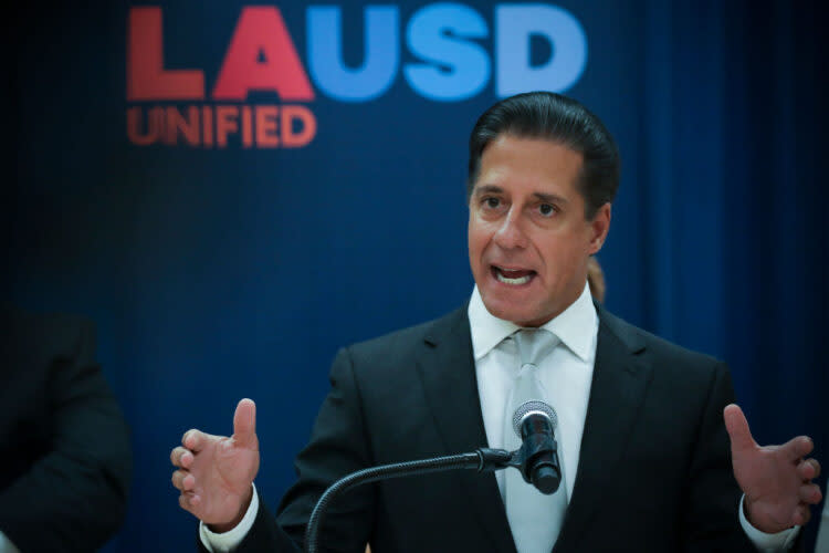 Superintendent Alberto Carvalho addresses a press conference about sharp decline in student test scores and hacking of LAUSD system on Sept. 9. (Irfan Khan/Getty Images)