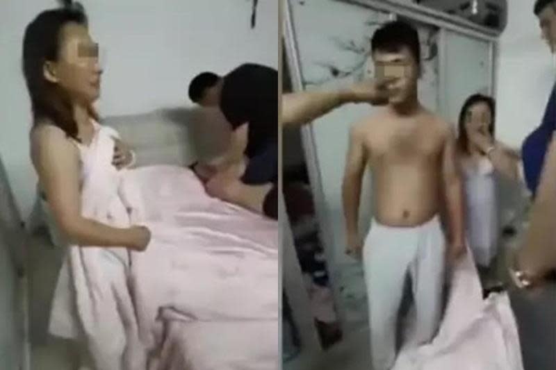 中國大陸近日瘋傳一段3分多鐘的捉姦影片，人妻、小王還有光裸上身的兒子當時竟共處一室。（翻攝自網易視頻）