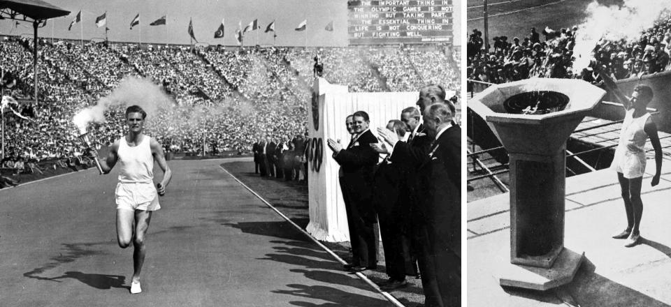 British athlete John Mark runs with the Olympic flame, left, and on right, lights the cauldron during the opening ceremony of the XIV Olympiad, in Wembley Stadium, London on July 29, 1948. (AP Photo)