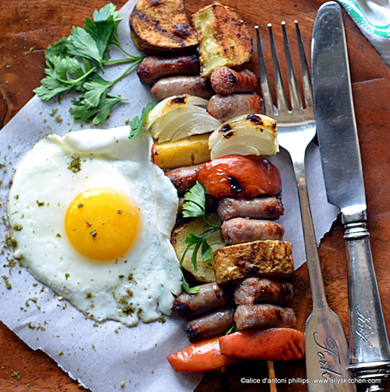 <p>Ally's Kitchen</p><p>Unique, delicious and hearty!</p><p><strong>Get the recipe</strong>: <a href="https://allyskitchen.com/zaatar-sausage-skewers-a-sunnyside-egg/" rel="nofollow noopener" target="_blank" data-ylk="slk:Zaatar Sausage Skewers;elm:context_link;itc:0;sec:content-canvas" class="link "><strong>Zaatar Sausage Skewers</strong></a></p>