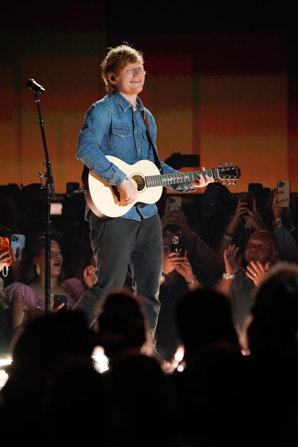 Ed Sheeran performs during the 58th ACM Awards at the Ford Center at the Star in Frisco Texas, on Thursday, May 11, 2023.