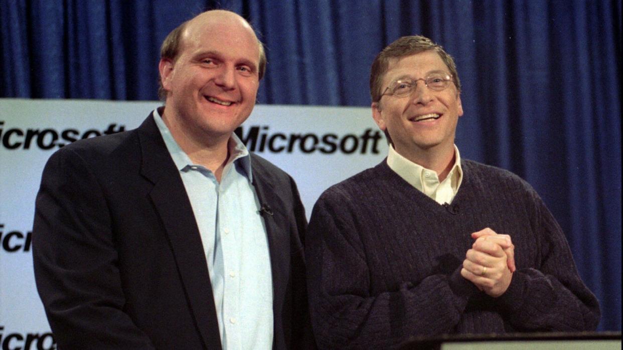 Mandatory Credit: Photo by Barry Sweet/AP/Shutterstock (6484636a)BALLMER GATES Microsoft's Steve Ballmer, left, and Bill Gates react to a question during a news conference in Redmond, Wash.