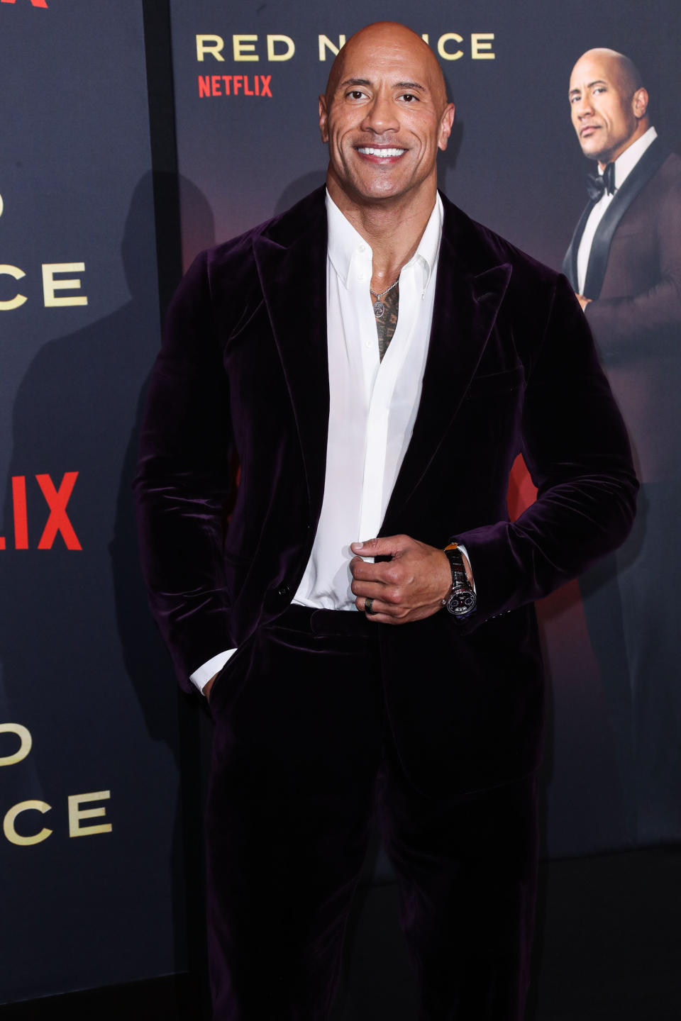 LOS ANGELES, CALIFORNIA, USA - NOVEMBER 04: Actor Dwayne Johnson arrives at the World Premiere Of Netflix's 'Red Notice' held at the Xbox Plaza and Chick Hearn Court at L.A. Live on November 4, 2021 in Los Angeles, California, United States. (Photo by Xavier Collin/Image Press Agency/Sipa USA)