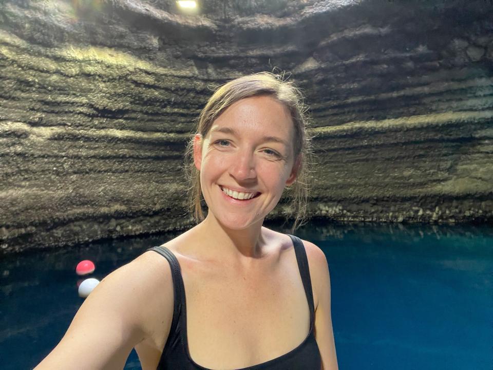 The author at the empty Homestead Crater before her dive.