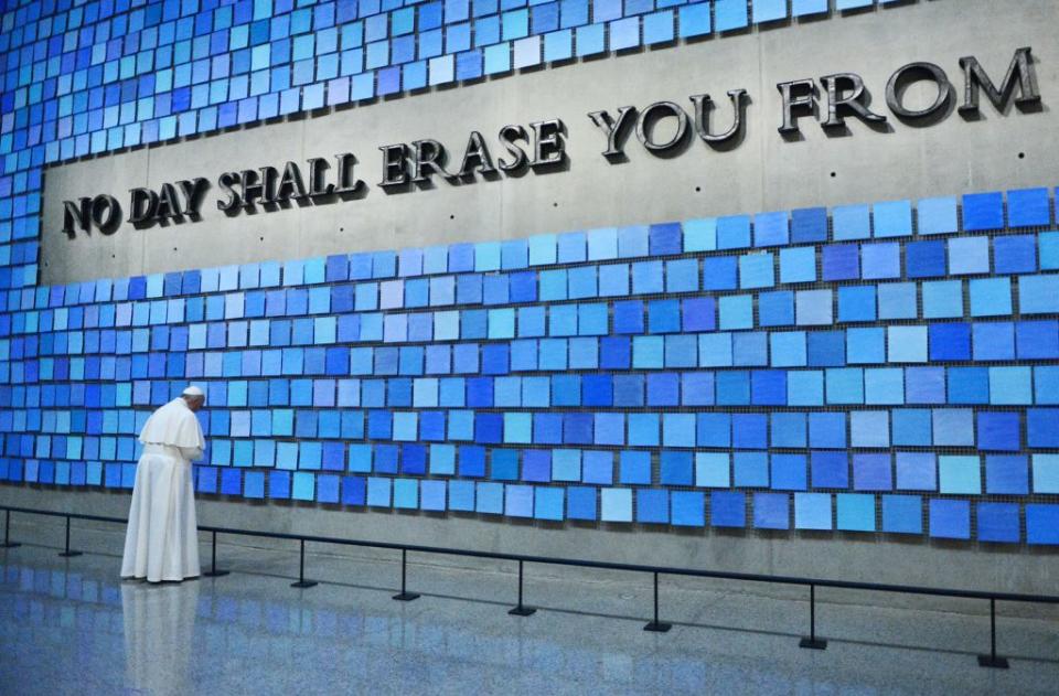 Pope Francis prays in front of Spencer Finch’s “Trying to Remember the Color of the Sky on That September Morning” at the 9/11 Memorial & Museum in New York City on September 25, 2015. (Susan Watts/Pool/AFP via Getty Images)