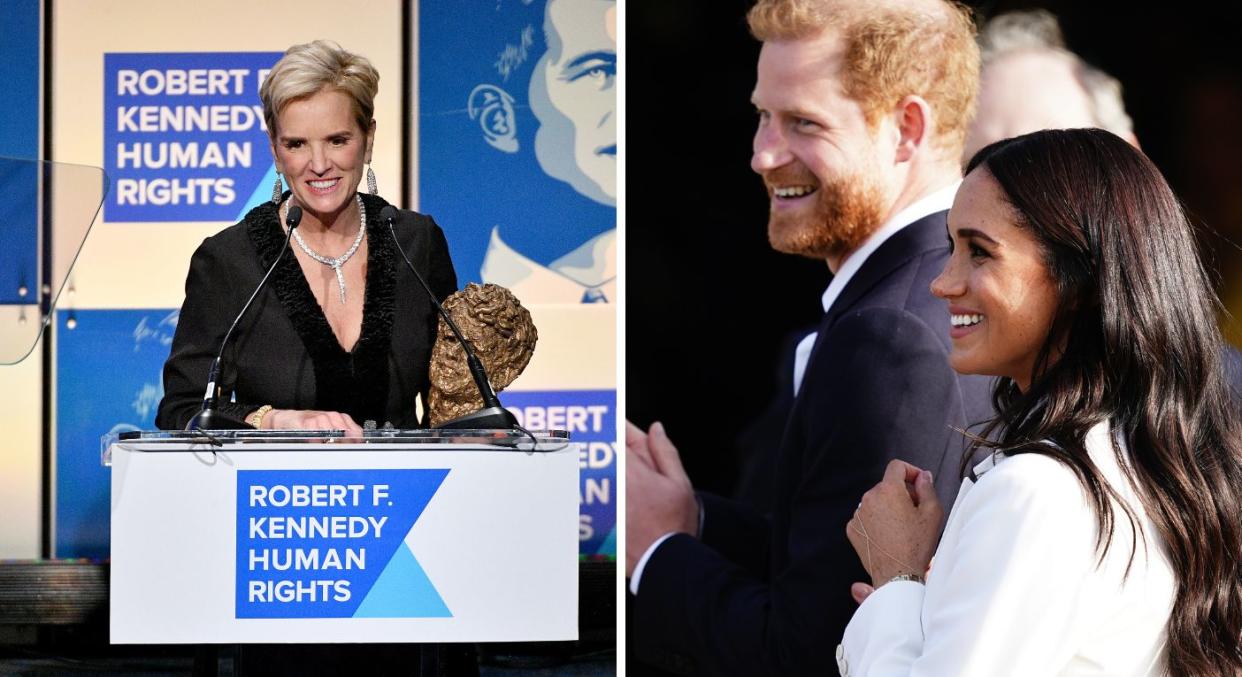 Kerry Kennedy - pictured at the 2019 Ripple of Hope Awards - backs Meghan and Harry, seen here in the Hague earlier in 2022, as this year's award laureates. (Getty Images)