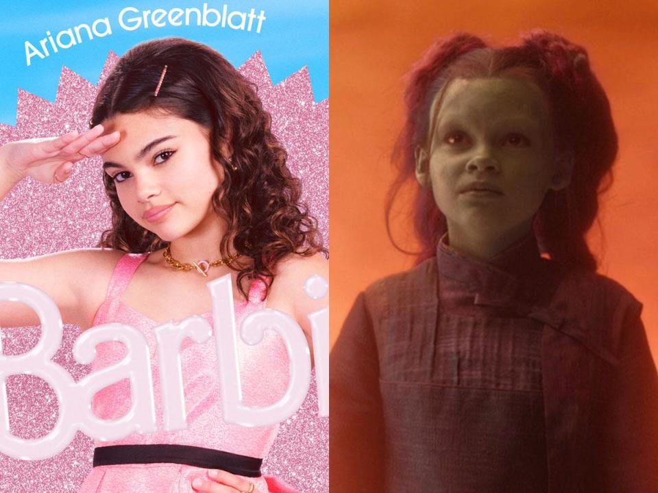 On the left: Ariana Greenblatt in an official movie poster for "Barbie." On the right: Greenblatt as Young Gamora in "Avengers: Infinity War."