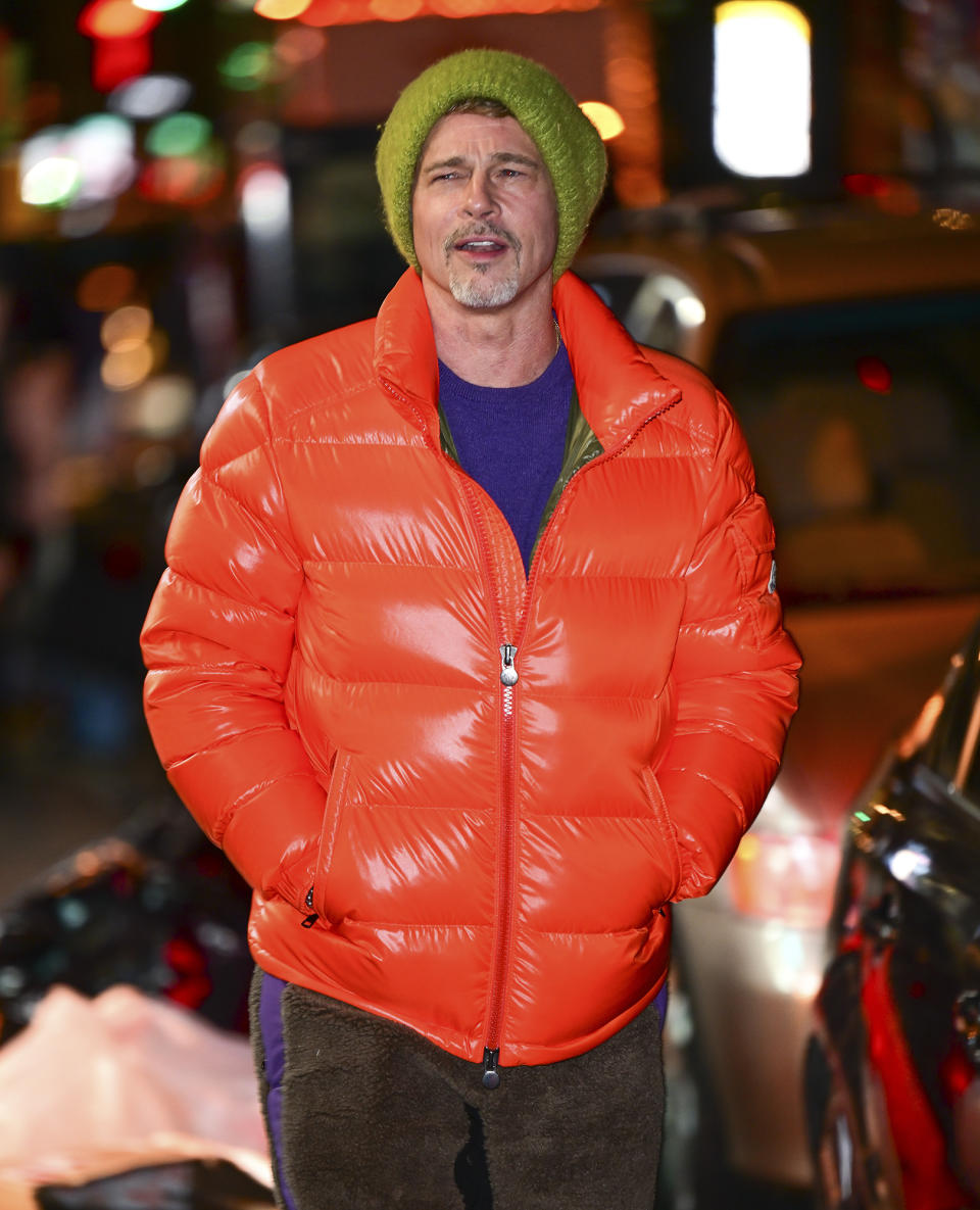 <p>While on the set of his new Apple thriller <i>Wolves</i>, Brad Pitt bundles up in bright colors to brave the N.Y.C. cold on Jan. 26.</p>