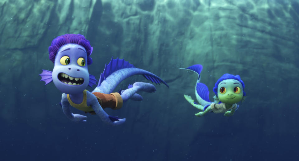 This image released by Disney shows characters Alberto, voiced by Jack Dylan Grazer, left, and Luca, voiced by Jacob Tremblay in a scene from the animated film "Luca." (Disney via AP)