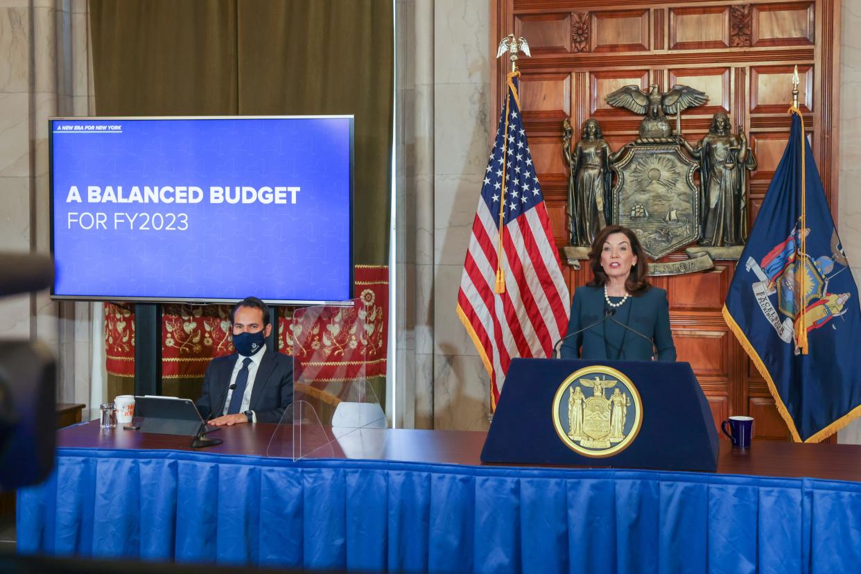 New York Governor Kathy Hochul presents the fiscal year 2023 Executive Budget in the Red Room of the Capitol in Albany, New York on Tuesday, Jan. 18, 2022.