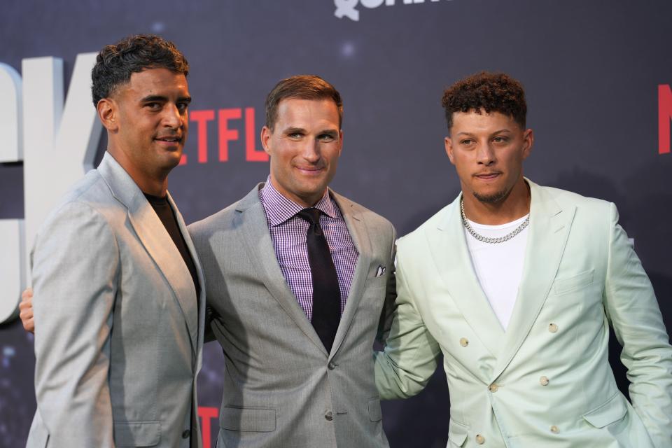 HOLLYWOOD, CALIFORNIA - JULY 11: Marcus Mariota, Kirk Cousins and Patrick Mahomes attend the Los Angeles Premiere Of Netflix's 