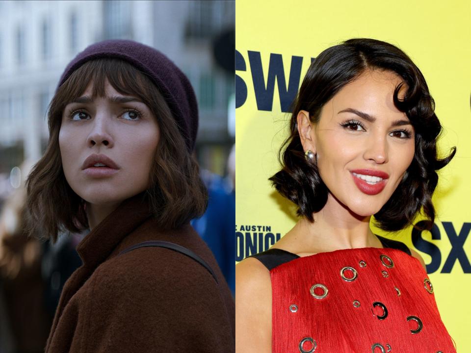 left: auggie salazar in three body problem, her hair worn in a brown bob and wearing a purple hat and brown coat; right: eiza gonzales with dark hair, smiling and wearing a red dress