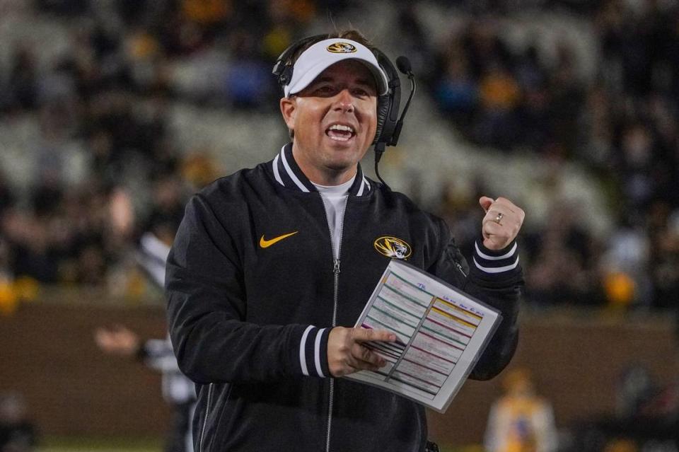 Missouri Tigers coach Eli Drinkwitz takes in the play (and the call that followed) during Saturday night’s game against the Florida Gators at Faurot Field at Memorial Stadium in Columbia. Mo.