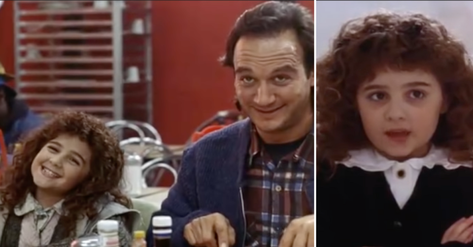 Alisan Porter in the movie Curly Sue opposite Jim Belushi. At left, she smilings winningly at someone off screen, while her co-star also smiles; at right she is more serious.