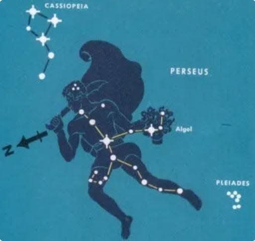 The constellation Perseus the Champion is between Cassiopeia and the Pleiades star cluster. The Double Cluster appears here as three dots within the figure's head; Algenib, the brightest star is around his belt buckle. The variable star Algol is the bright one in the area of his left hand.