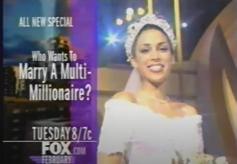 Promotional still for "Who Wants to Marry A Multi-Millionaire?" showing a smiling bride in veil and tiara