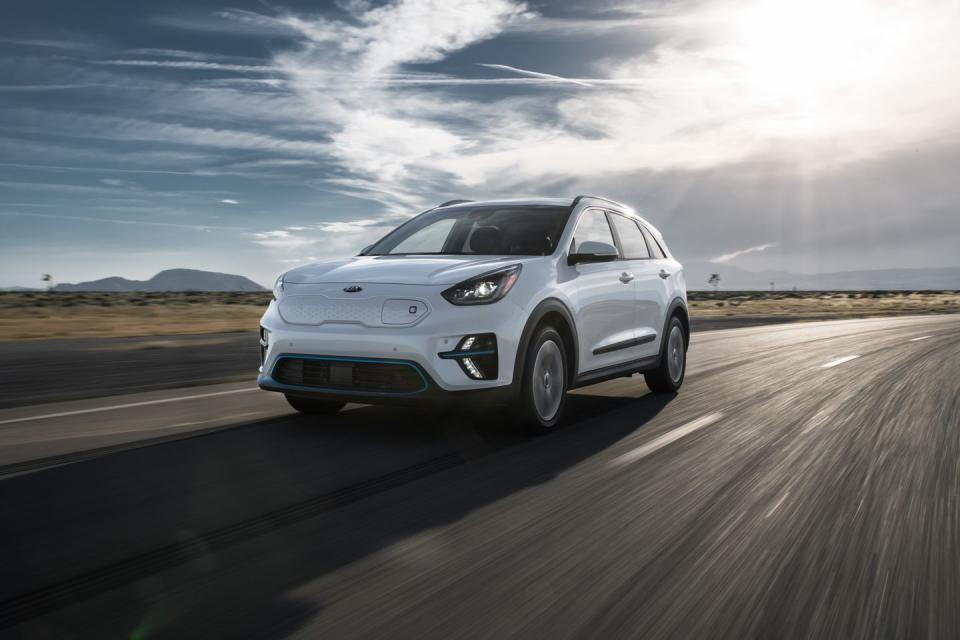 <p>We were able to shove 19 carry-on suitcases in the <a href="https://www.caranddriver.com/kia/niro-ev" rel="nofollow noopener" target="_blank" data-ylk="slk:Kia Niro EV;elm:context_link;itc:0;sec:content-canvas" class="link ">Kia Niro EV</a>, one more than the <a href="https://www.caranddriver.com/kia/niro" rel="nofollow noopener" target="_blank" data-ylk="slk:hybrid Niro;elm:context_link;itc:0;sec:content-canvas" class="link ">hybrid Niro</a>, and two more than the PHEV model. Thank the lower floor that allows more space between the folded seats and the roof. The electric Niro only gets an EPA-estimated 239 miles on a single charge, so don't forget to pack your charging cord.</p><ul><li>Base price: $40,265</li><li>Carry-on capacity, rear seats folded: 19 suitcases</li><li>Cargo volume, rear seats folded: 53 cubic feet<br></li><li>Cargo volume, behind rearmost row of seats: 18 cubic feet<br></li></ul><p><a class="link " href="https://www.caranddriver.com/kia/niro-ev/specs" rel="nofollow noopener" target="_blank" data-ylk="slk:MORE NIRO EV SPECS;elm:context_link;itc:0;sec:content-canvas">MORE NIRO EV SPECS</a></p>