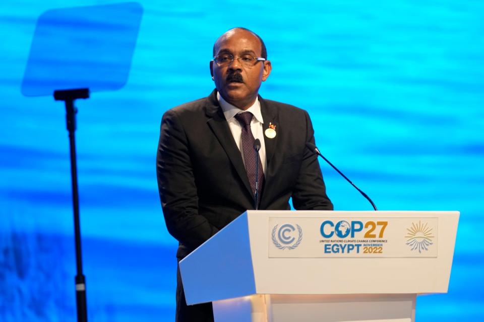 Gaston Browne, prime minister of Antigua and Barbuda, speaks at Cop27 last Tuesday (Associated Press)