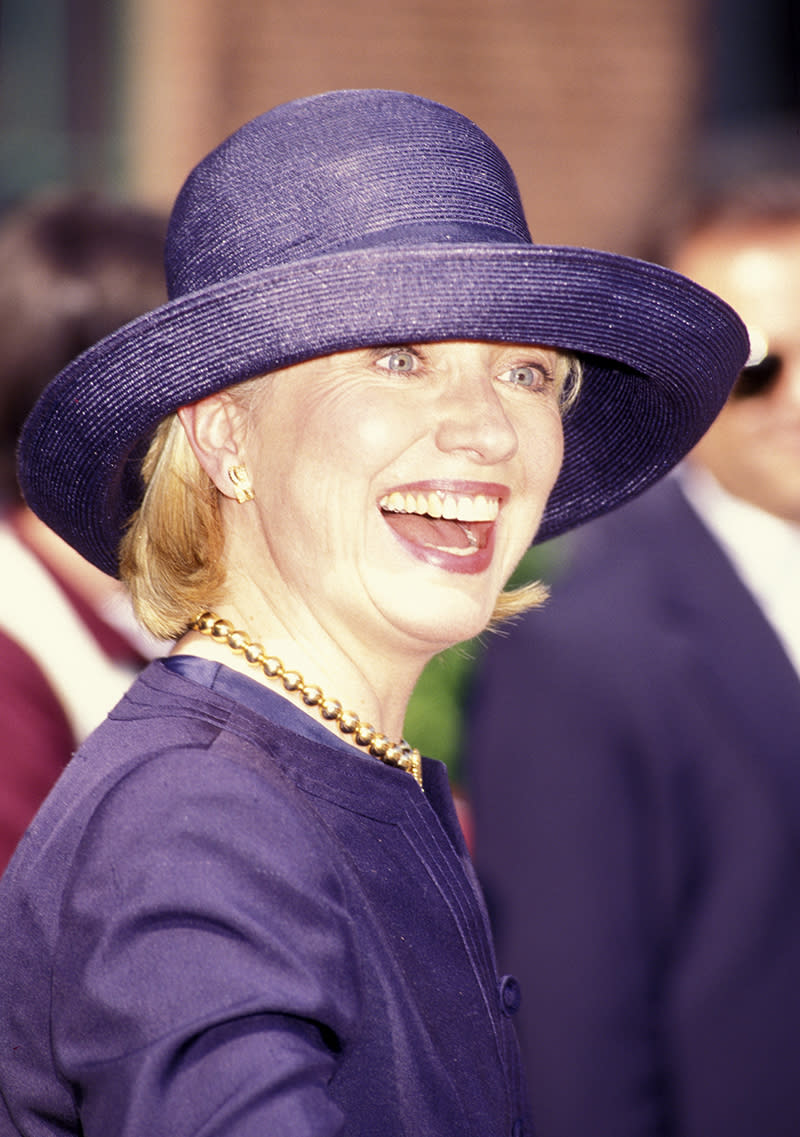 Hillary Clinton in a purple hat on July 14, 1998