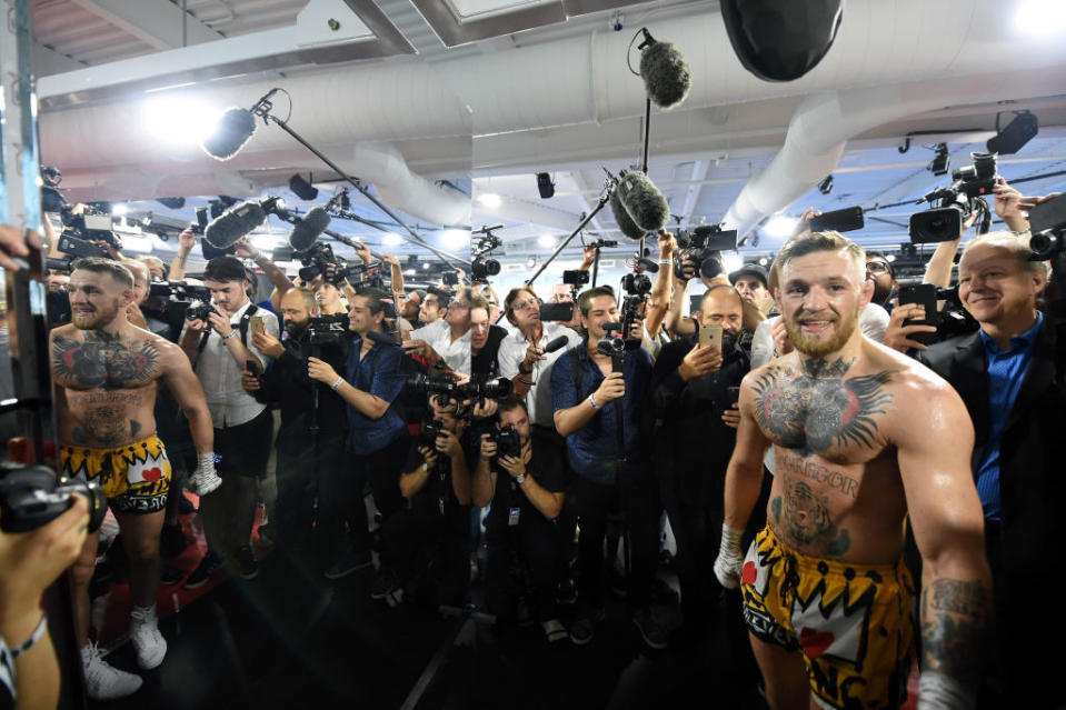 Conor McGregor may not defeat Floyd Mayweather, but one thing he won’t do is wilt in the spotlight. (Getty Images)