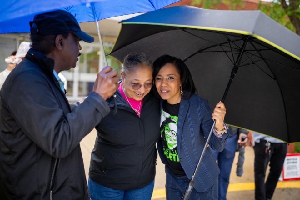 Angela Alsobrooks meets with voters on primary day in Burtonsville, Maryland (Getty Images)