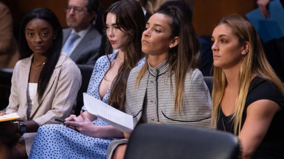 US Olympic gymnasts (L-R) Simone Biles, McKayla Maroney, Aly Raisman and Maggie Nichols arrive to testify during a Senate Judiciary hearing about the Inspector General’s report on the FBI handling of the Larry Nassar investigation of sexual abuse of Olympic gymnasts, on Capitol Hill, September 15, 2021, in Washington, DC. (Photo by Saul Loeb – Pool/Getty Images)