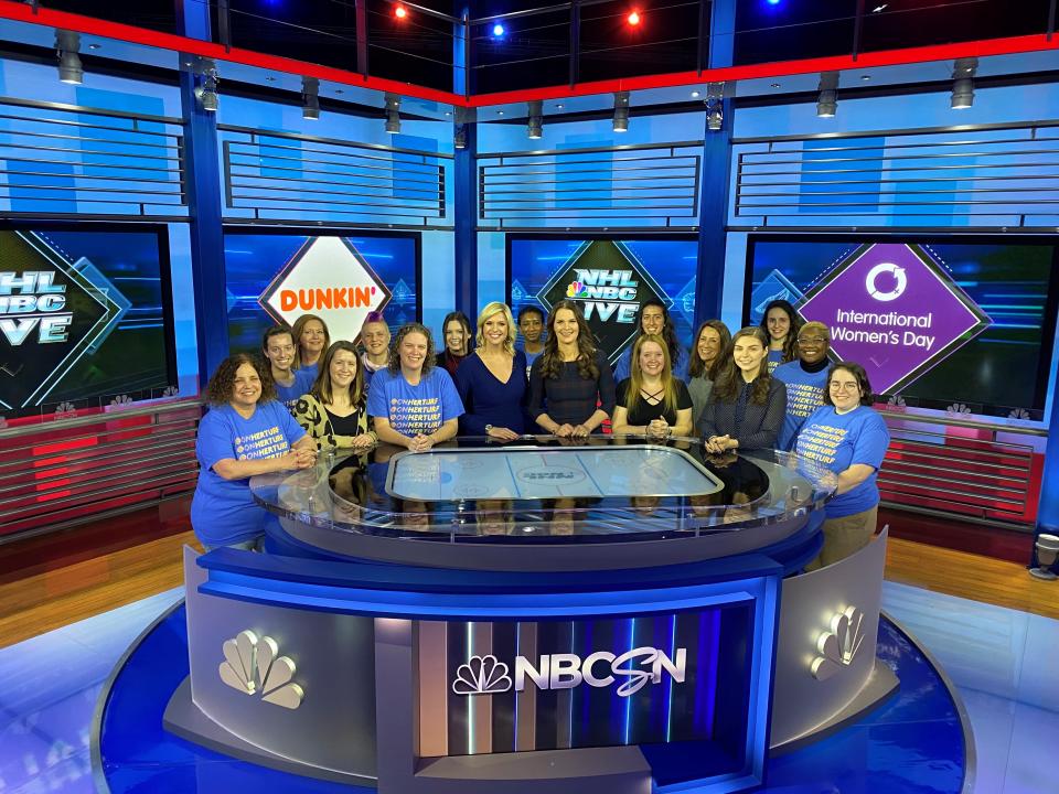 The studio crew before the historic International Women's Day broadcast