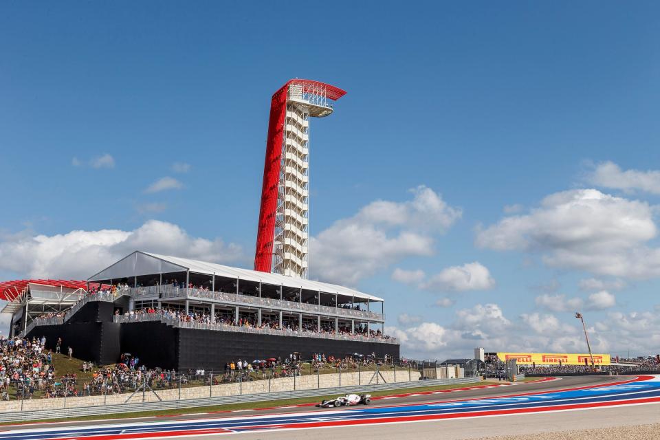 The iconic tower and record crowds watch Max Verstappen (44) during the Formula1 Aramco United States Grand Prix held October 24, 2021 at the Circuit of the Americas in Austin, TX
