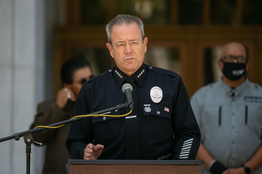 LOS ANGELES, CA - JUNE 30: Los Angeles Police Chief Michel Moore and Los Angeles County District Attorney George Gascon along with community leaders discuss community violence reduction efforts in Los Angeles on Wednesday, June 30, 2021 in Los Angeles, CA. (Jason Armond / Los Angeles Times)